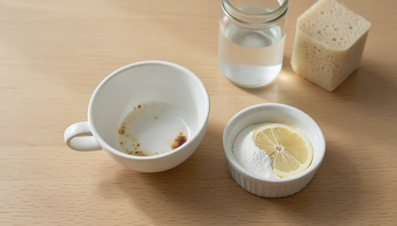Nettoyage naturel taches tanin thé Tasse en porcelaine blanche tachée de thé au fond, à côté d'un bol de bicarbonate de soude et d'un citron coupé sur une table en bois clair