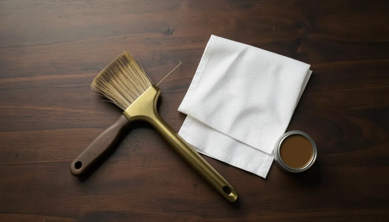 Outils d'entretien : goupillon et chiffon doux Brosse métallique longue et chiffon microfibre posés sur corps samovar laiton, lumière d'atelier