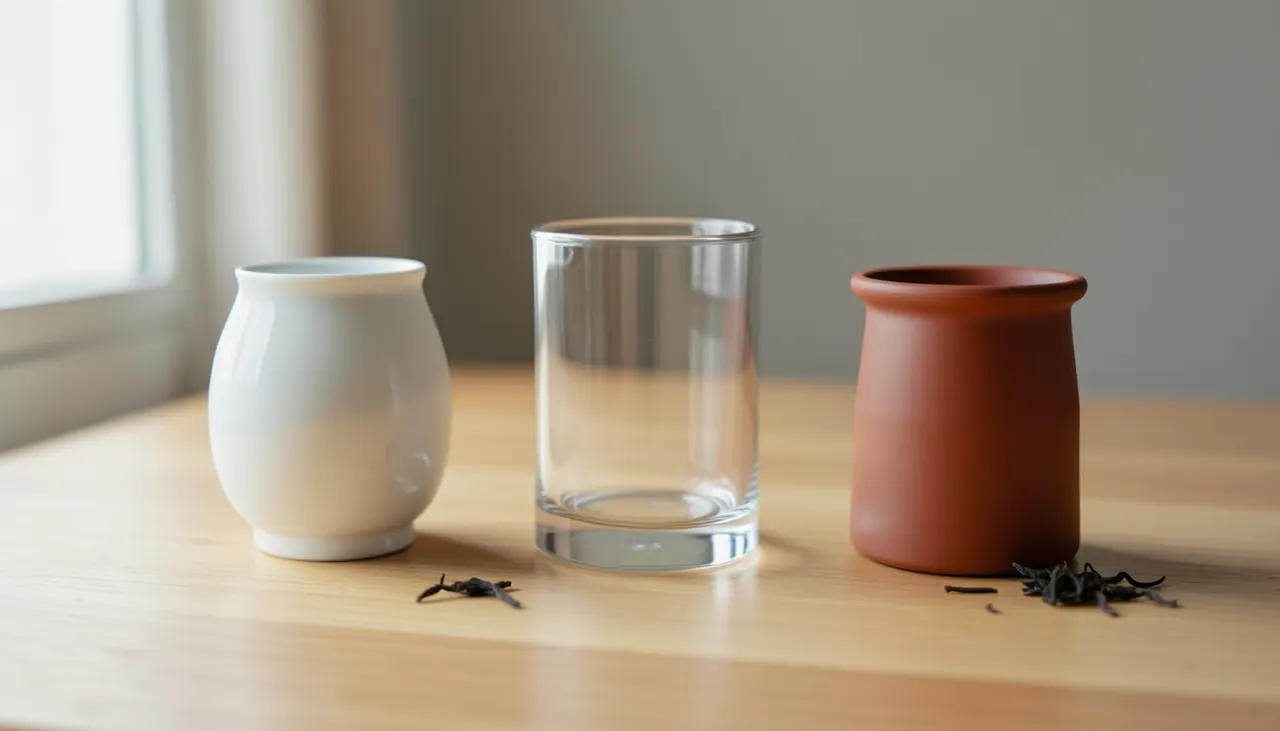Porcelaine, verre, argile : trois matières pour trois approches Trois gaiwans côte à côte : porcelaine blanche, verre transparent, argile rouge Yixing sur bois clair