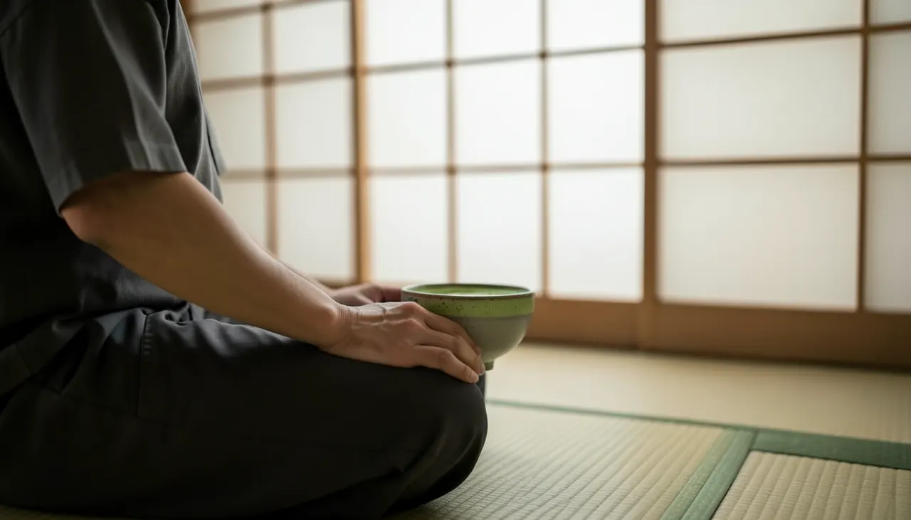Posture de dégustation Personne assise en seiza sur tatami, bol à matcha devant elle, lumière zénithale douce