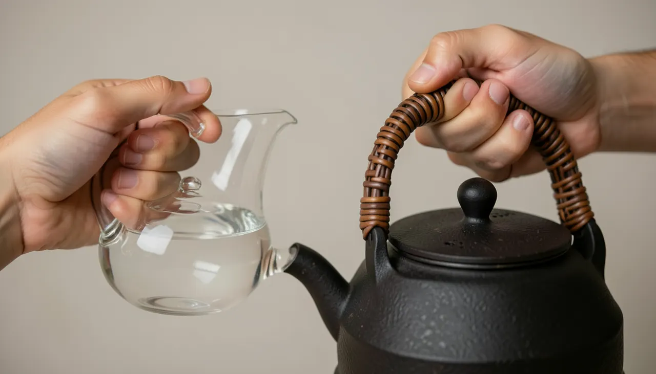 Prise en main : anse latérale verre vs poignée supérieure fonte Détail main tenant anse latérale théière verre et poignée supérieure théière fonte comparatif prise en main