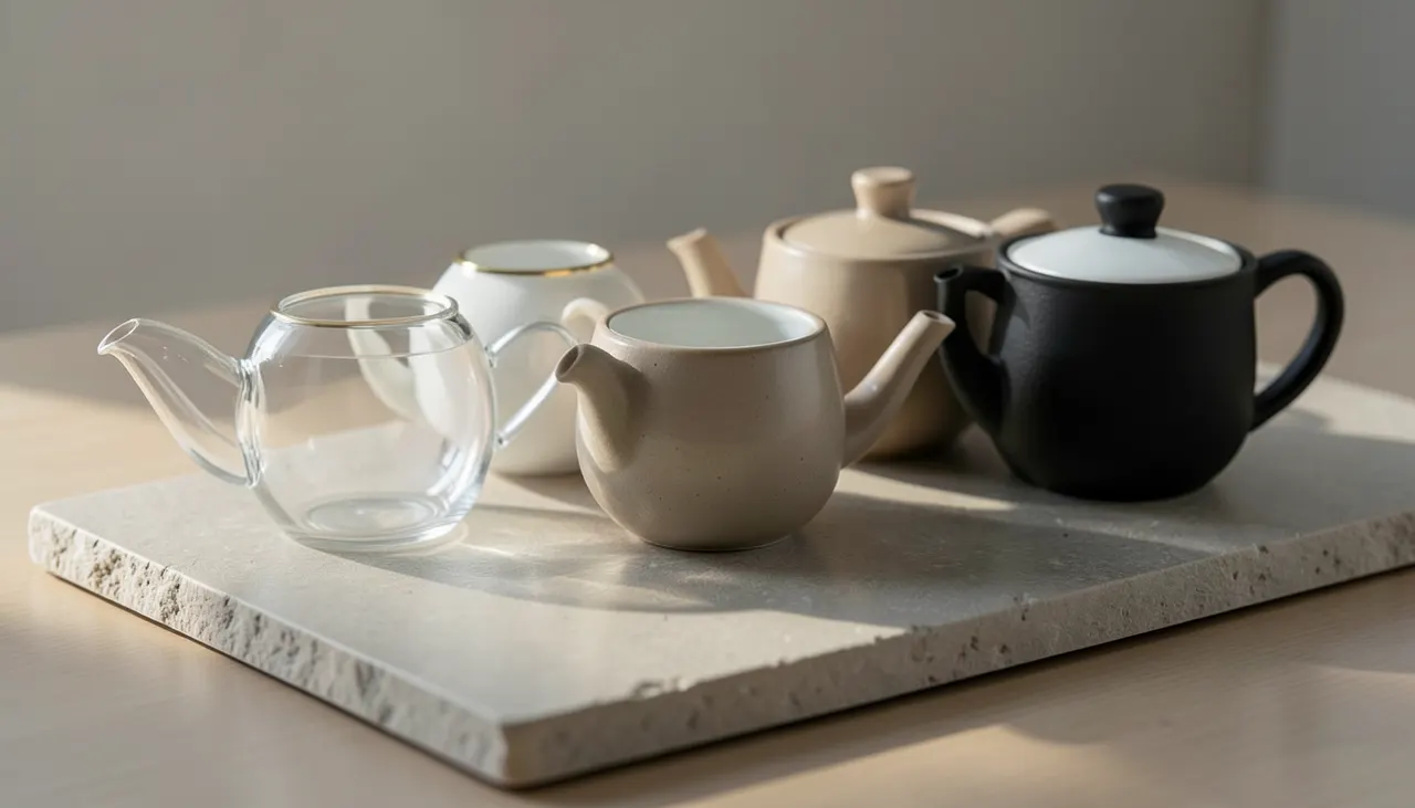 Quatre matières pour tisane Quatre théières alignées : verre soufflé transparent, porcelaine blanche brillante, grès émaillé beige mat, fonte noire émaillée intérieurement, lumière latérale douce