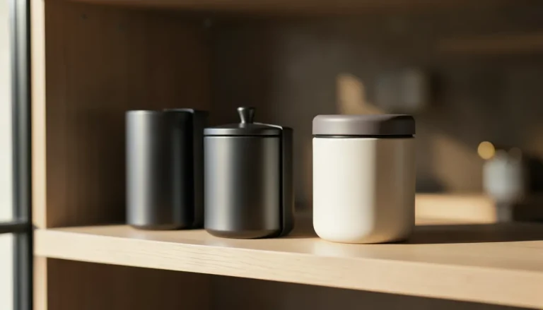 Boîtes à thé en métal mat et céramique alignées sur une étagère en bois clair, lumière naturelle douce