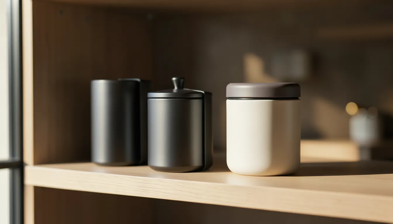 Rangement idéal pour thé en vrac Boîtes à thé en métal mat et céramique alignées sur une étagère en bois clair, lumière naturelle douce