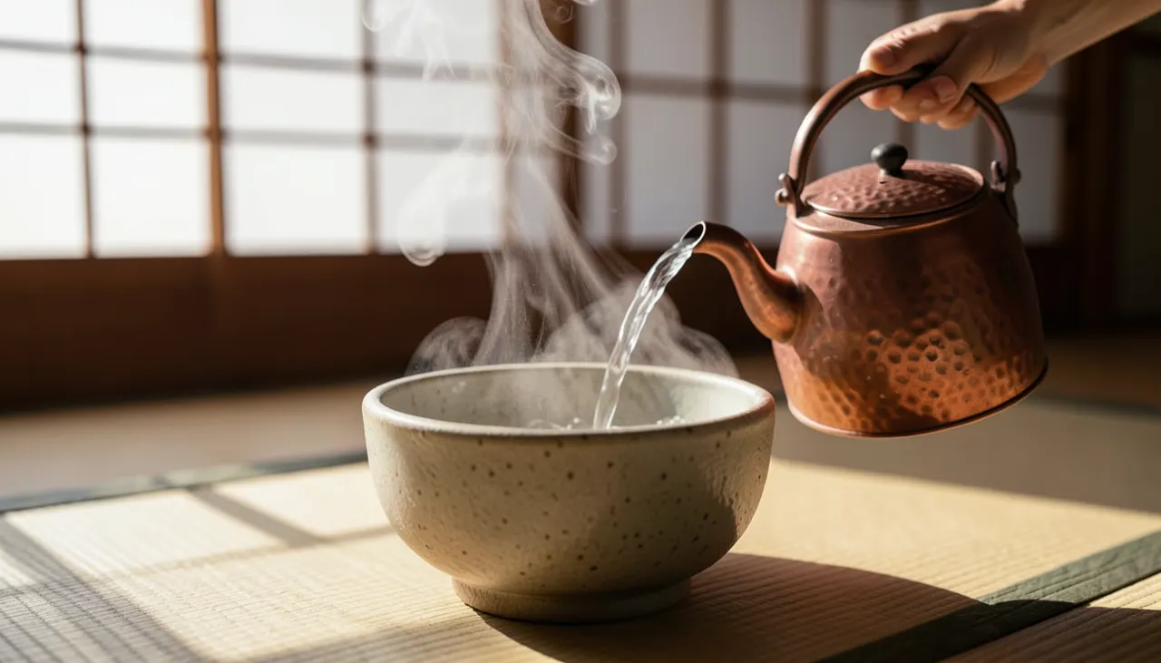 Refroidir eau thé vert yuzamashi Bol en céramique artisanale (yuzamashi) recevant de l'eau bouillante d'une bouilloire en cuivre