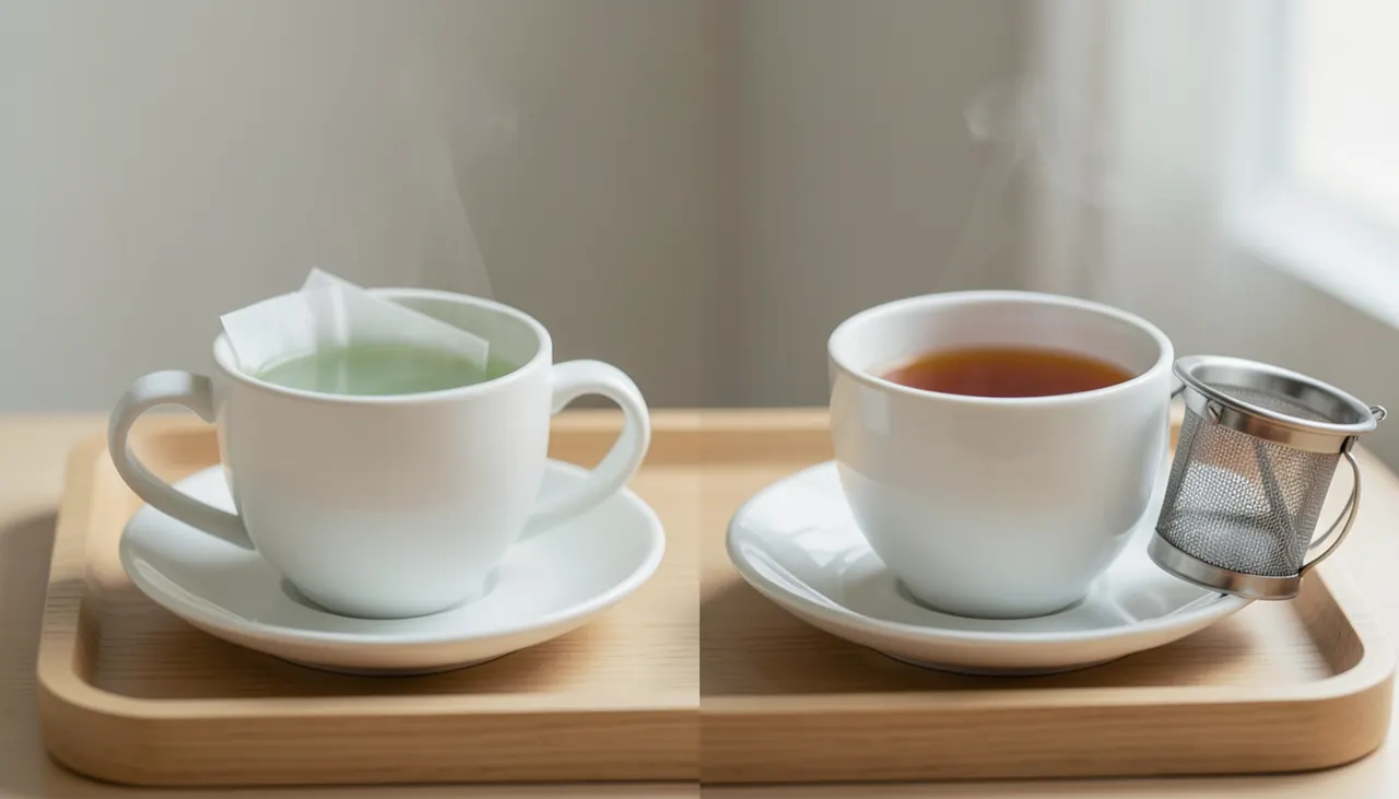 Résultat en tasse : clarté vs corps Deux tasses côte à côte : liqueur claire filtre papier, liqueur ambrée profonde filtre inox