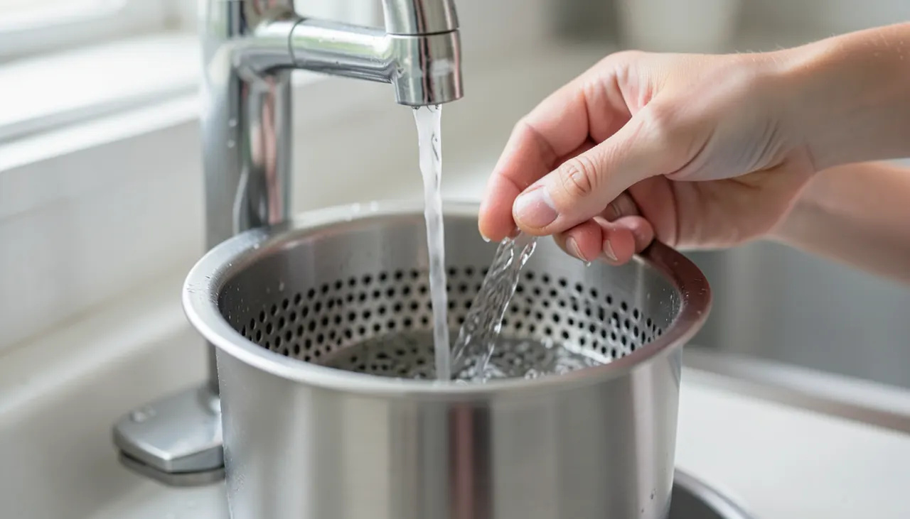 Rinçage demlik inox Geste d'entretien : rinçage à l'eau claire du demlik supérieur en inox sous un robinet, lumière latérale