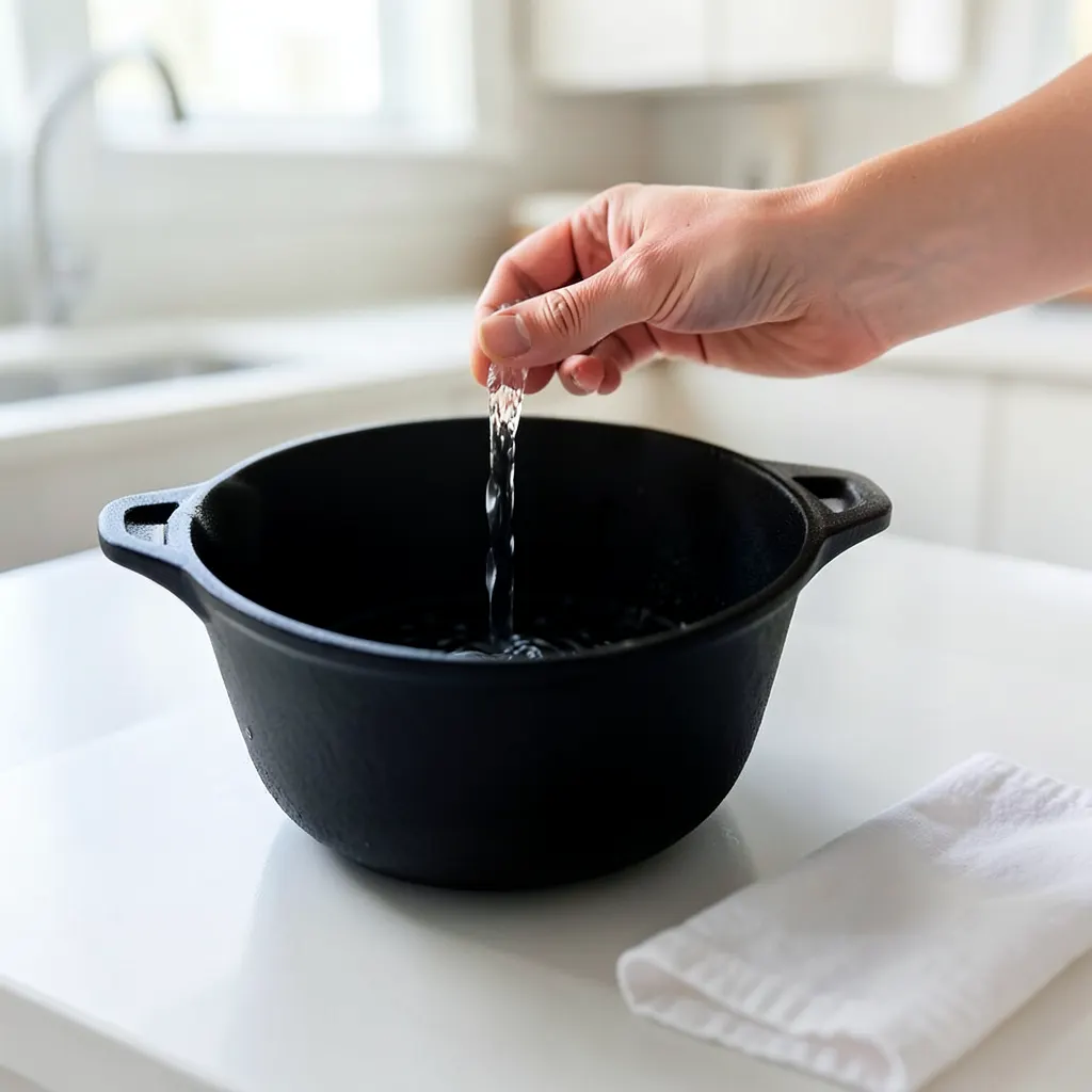 Main tenant une théière en fonte sous un filet d'eau claire avec chiffon en coton à côté