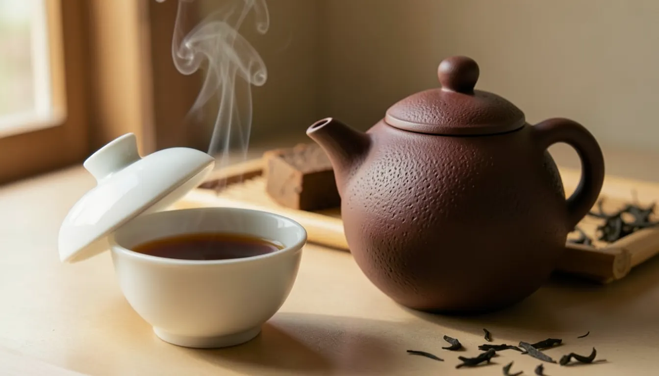 Rituel d'infusion du Pu-erh : gaiwan et théière en argile Préparation du thé Pu-erh dans un gaiwan en porcelaine blanche, vapeur s'élevant vers une théière en argile zisha brune sur un plateau en bambou