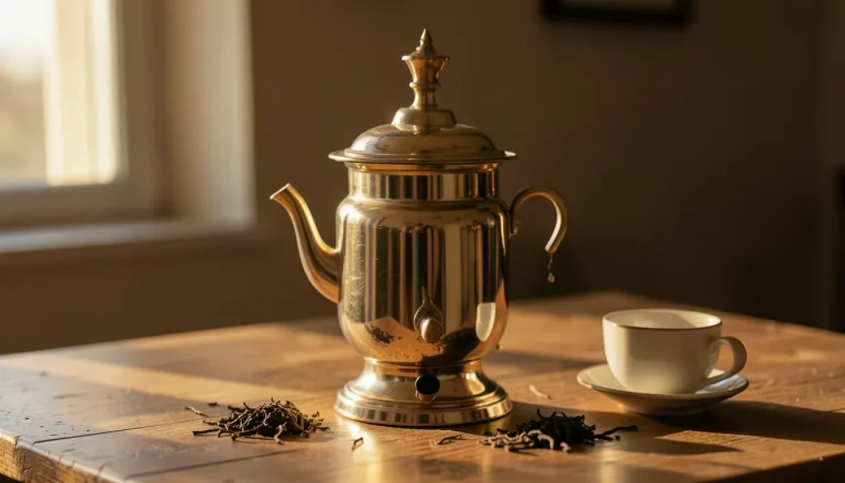 Samovar russe en laiton poli sur table en bois, cheminée visible, théière en porcelaine posée dessus, lumière latérale dorée