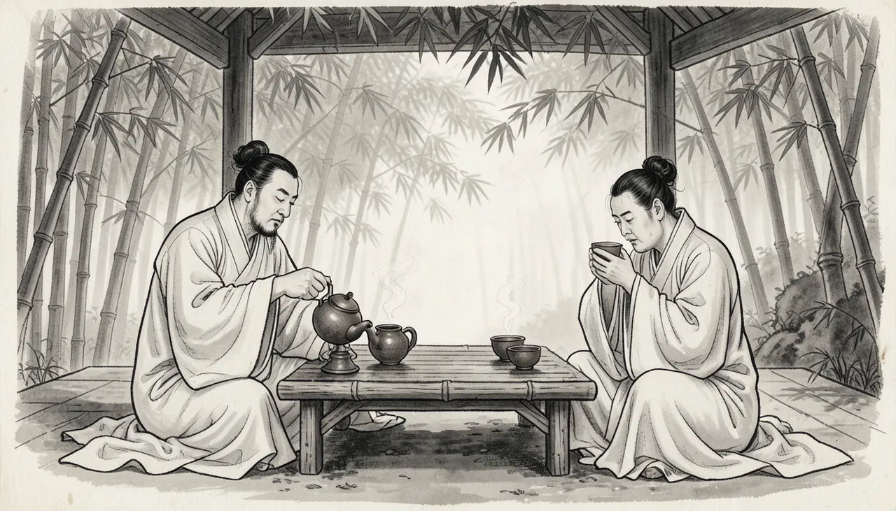 Scène historique de cérémonie du thé Gravure ancienne chinoise montrant lettrés pratiquant le Gong Fu Cha sous les Song