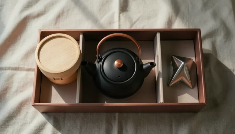Coffret cadeau thé ouvert révélant une théière en fonte noire émaillée, une boîte à thé en bois et un infuseur en acier sur fond lin naturel