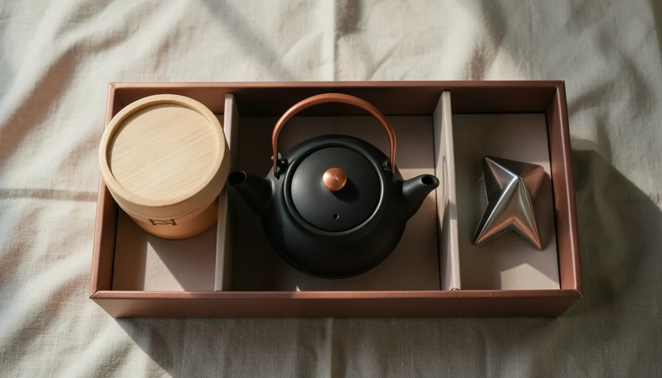 Sélection cadeaux amateur de thé Maison Théière Paris Coffret cadeau thé ouvert révélant une théière en fonte noire émaillée, une boîte à thé en bois et un infuseur en acier sur fond lin naturel