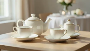 Service à thé en porcelaine blanche et or posé sur une table en bois clair, lumière naturelle latérale, ambiance mariage