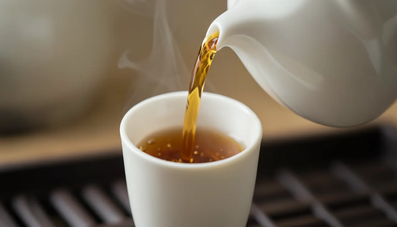 Service de la liqueur dans les tasses à parfum Gros plan main versant liqueur ambrée du pichet d'équité vers tasse à parfum en porcelaine fine, vapeur visible