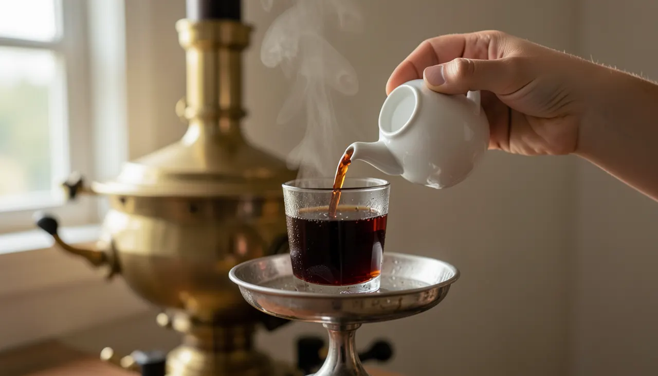 Service du thé : dilution du zavarka au robinet Main versant thé concentré zavarka dans verre à thé tenu par porte-verre métallique ciselé, samovar flou arrière-plan