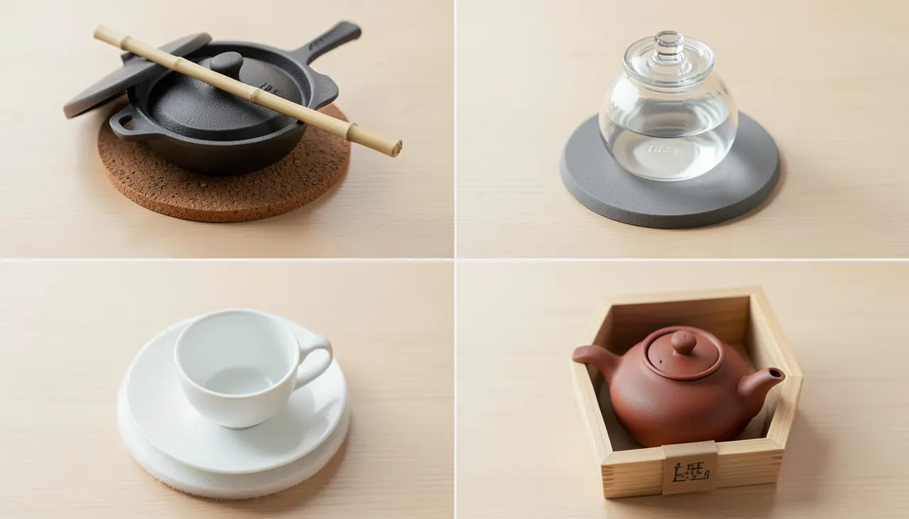 Supports adaptés par matière Détail rangement théières par matière : feutre entre porcelaine, liège sous fonte, boîte bois argile