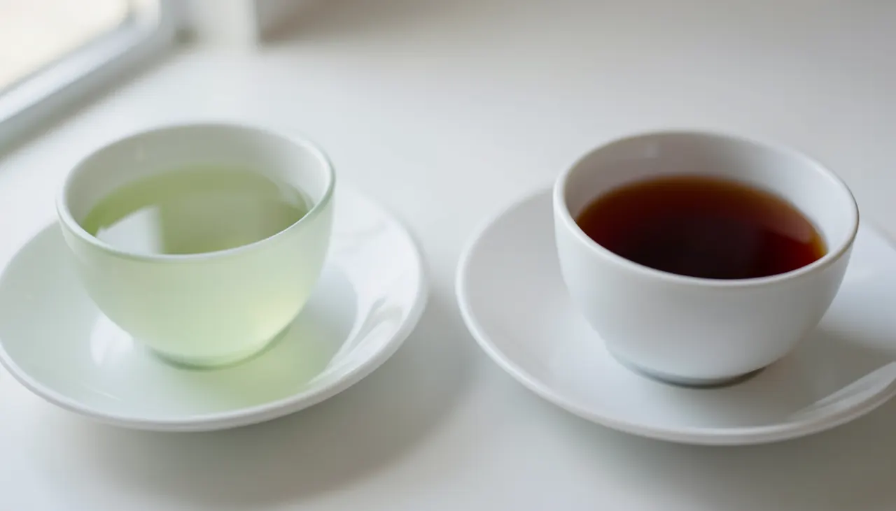 Tasses thé vert et thé noir porcelaine Tasse de thé vert clair et tasse de thé noir ambré posées sur soucoupes en porcelaine blanche