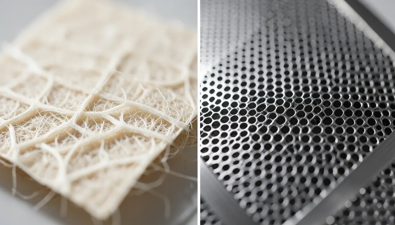 Texture papier vs maillage inox Gros plan macro sur la texture d'un filtre papier non blanchi et le maillage d'un filtre inox 316L