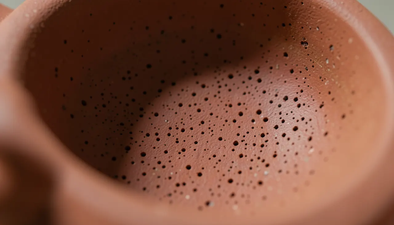 Texture poreuse argile Yixing Gros plan macro sur la texture poreuse d'une théière en argile Yixing non émaillée
