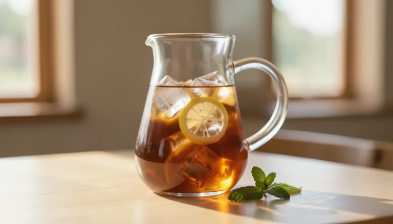 CarAFE en verre soufflé remplie de thé glacé ambré avec glaçons et citron sur table en bois clair