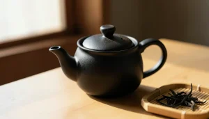 Théière en fonte japonaise noire à mémoire dédiée au thé oolong, posée sur une table en bois clair