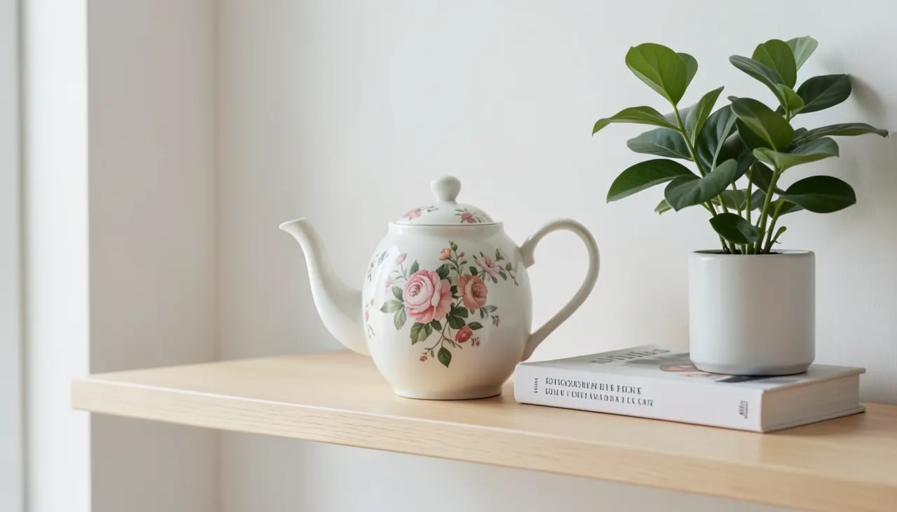 Théière ancienne intégrée dans déco scandinave Théière en porcelaine vintage fleurie posée sur étagère en bois clair avec livres