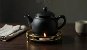 Théière en fonte noire sur réchaud en laiton avec bougie allumée, lumière tamisée du soir