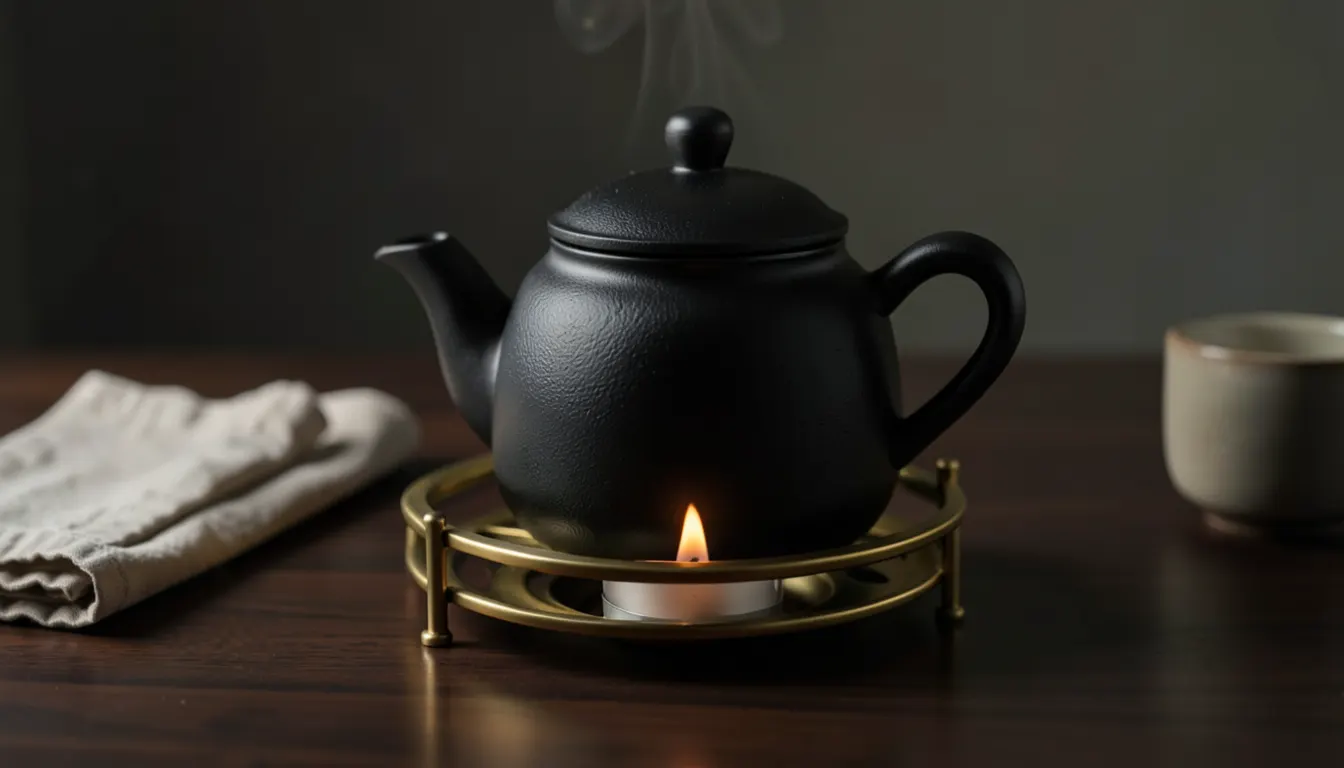 Théière avec réchaud à bougie, ambiance soirée Théière en fonte noire sur réchaud en laiton avec bougie allumée, lumière tamisée du soir