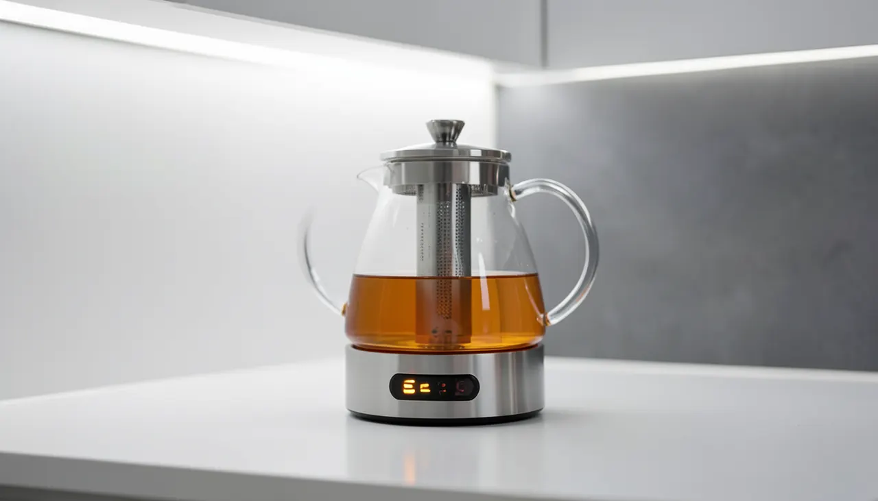 Théière électrique verre cadeau high-tech Théière électrique en verre borosilicate sur plan de travail cuisine moderne, écran tactile visible