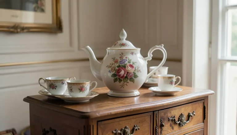Théière en porcelaine vintage posée sur buffet bois avec vaisselle ancienne