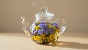 Théière en verre soufflé transparente contenant une tisane aux fleurs bleues et jaunes, posée sur une table en bois clair, lumière naturelle latérale