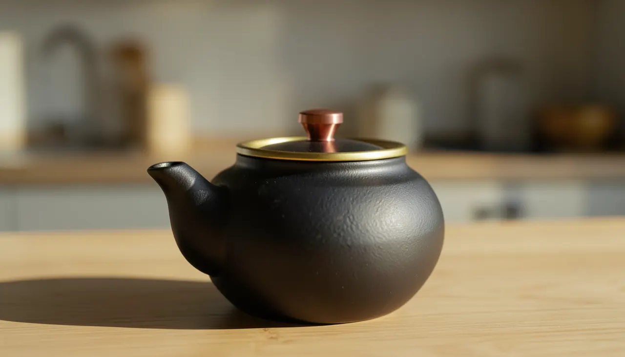 Théière fonte émaillée cadeau amateur thé Théière en fonte noire émaillée japonaise tetsubin sur table en chêne clair, lumière latérale douce