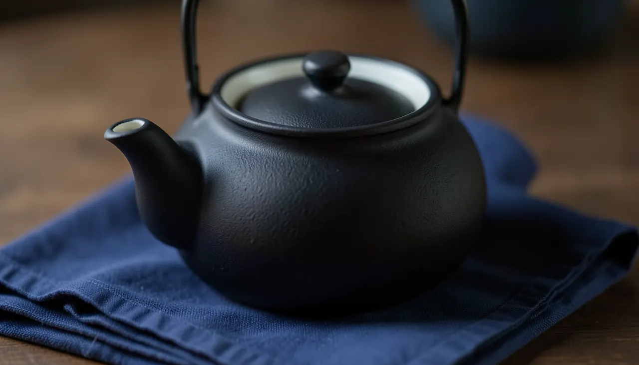 Gros plan sur une théière en fonte japonaise noire émaillée intérieure, posée sur un furoshiki noué, texture fonte visible