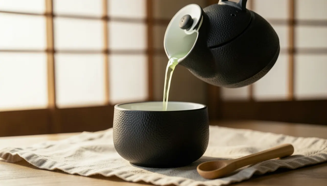 Theiere fonte japonaise the vert Théière japonaise en fonte émaillée noire (tetsubin) sur napperon en lin, thé vert infusé versé dans tasse