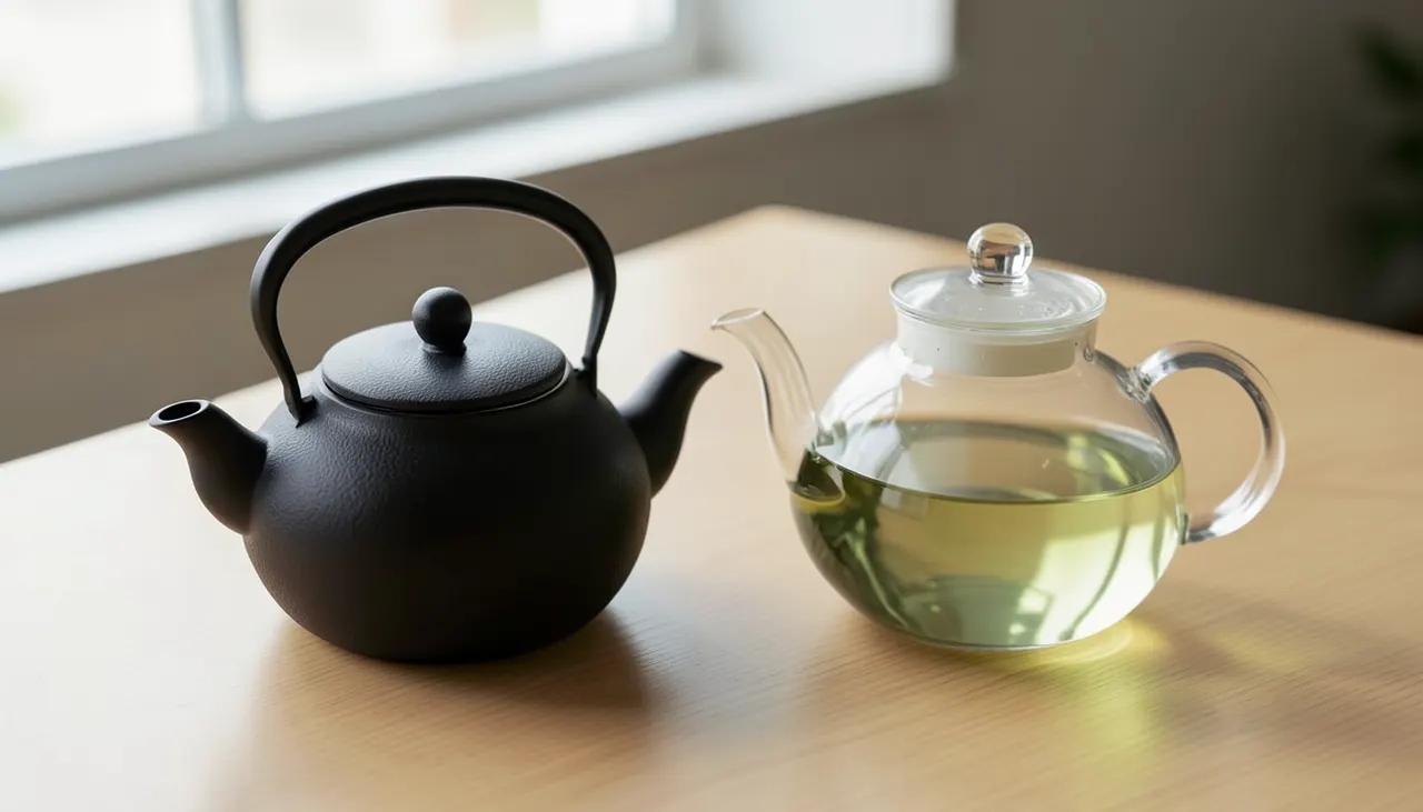 Théière fonte pour thé noir et verre pour thé vert Théière en fonte émaillée noire et théière en verre soufflé transparent sur table en bois clair
