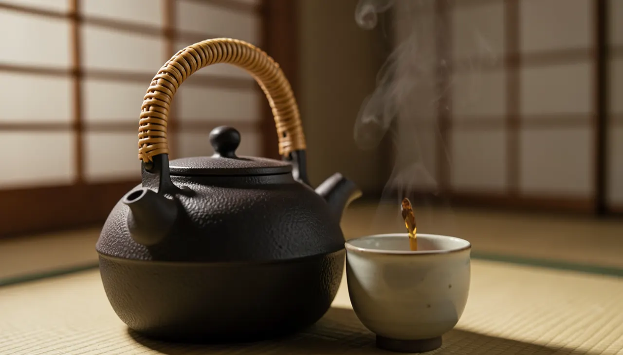 Théière fonte tetsubin : poignée supérieure gainée bambou Théière fonte japonaise tetsubin poignée supérieure bambou service thé matcha