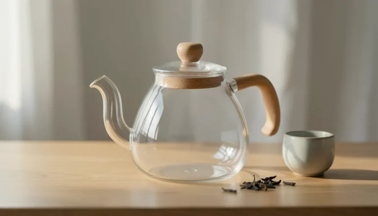 Théière scandinave design en verre borosilicate et bois clair sur table en chêne clair, lumière naturelle douce