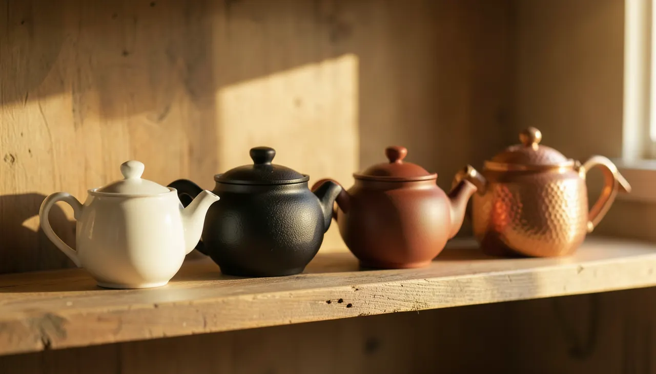 Théières par matière Quatre théières sur étagère en bois : porcelaine blanche, fonte noire, argile rouge, cuivre martelé