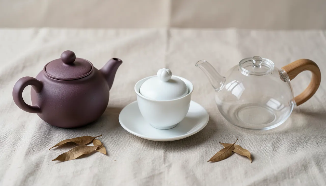 Comparatif visuel : théière en argile Yixing violette, gaiwan en porcelaine blanche avec couvercle, théière en verre borosilicate transparente