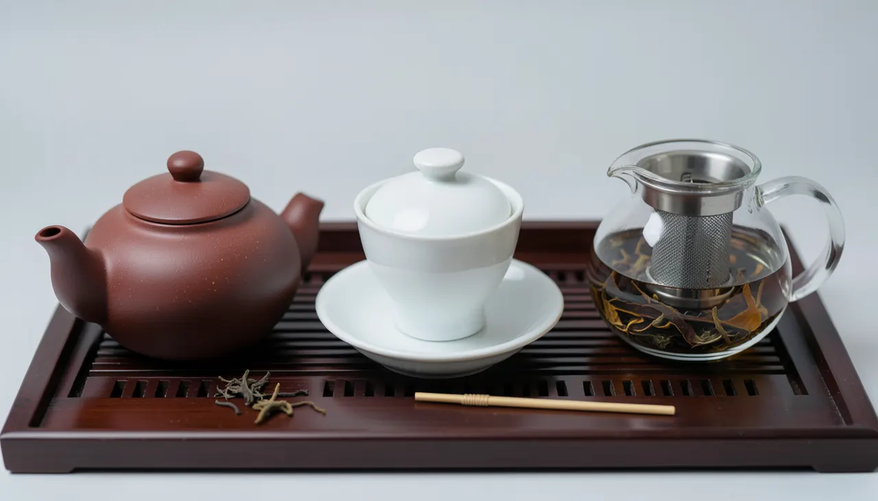 Trois types de récipients pour Gong Fu Cha Comparatif visuel : théière Yixing zisha, gaiwan porcelaine blanche, théière verre borosilicate sur plateau bambou