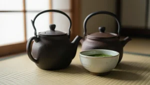 Théière en fonte japonaise tetsubin et bol à matcha chawan sur tatami, lumière naturelle