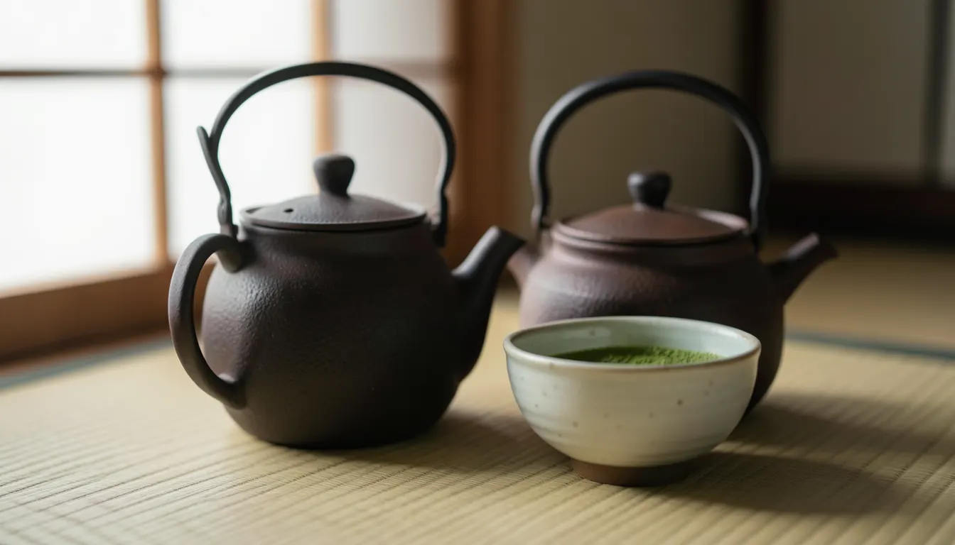 Ustensiles du Chanoyu Théière en fonte japonaise tetsubin et bol à matcha chawan sur tatami, lumière naturelle