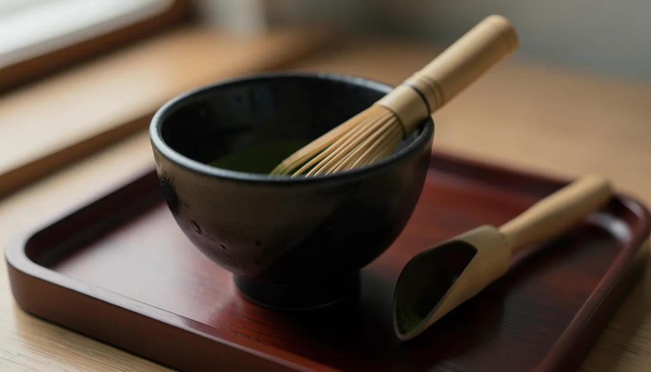 Ustensiles essentiels du Chanoyu Bol à matcha chawan en céramique raku noir, fouet en bambou chasen, cuillère chashaku