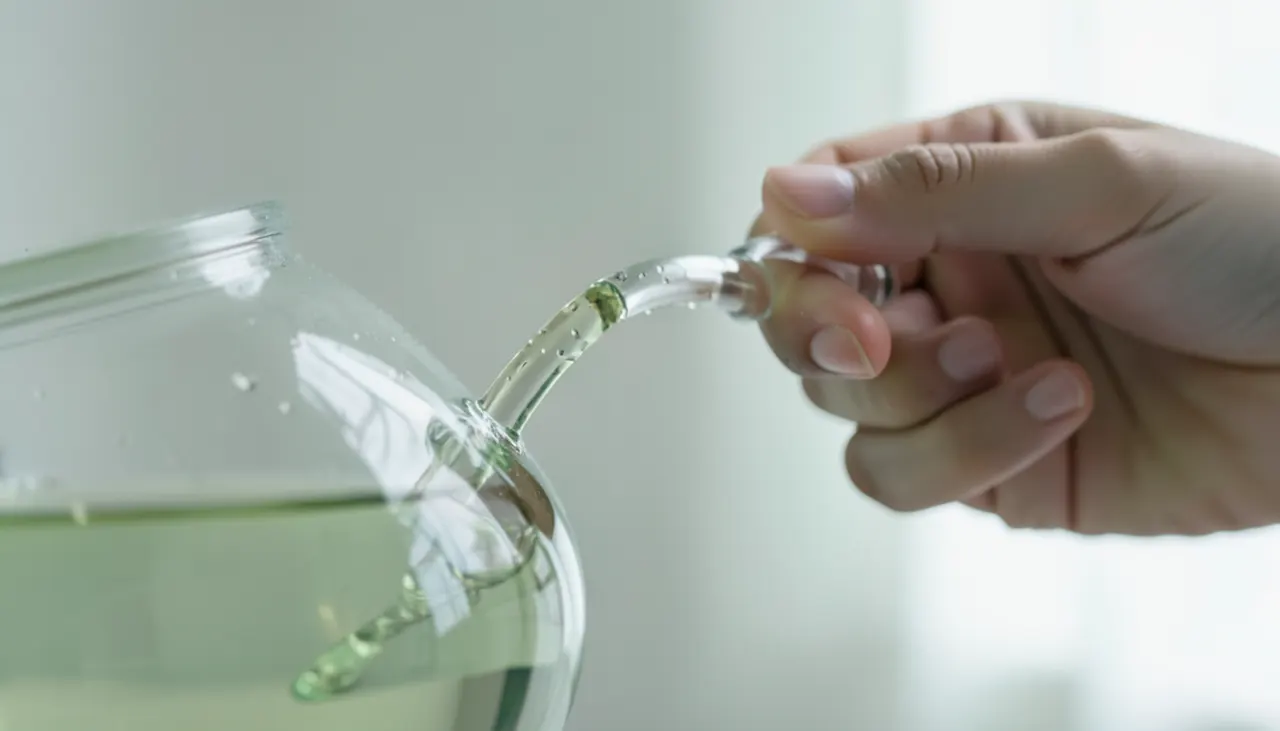 Verseuse verre borosilicate : anse latérale creuse isolante Théière verre soufflé anse latérale verse thé vert clair gros plan main