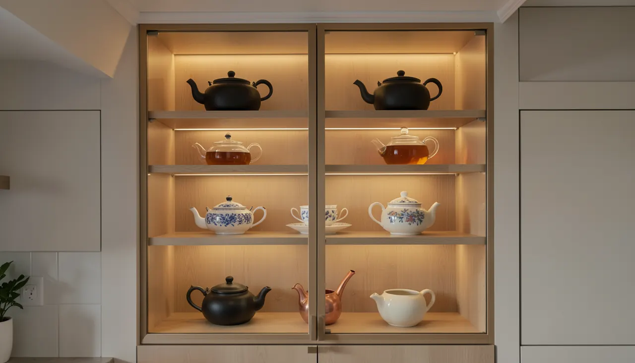 Vitrine collection théières cuisine Vitrine cuisine éclairée LED exposant théières verre porcelaine fonte sur étagères bois