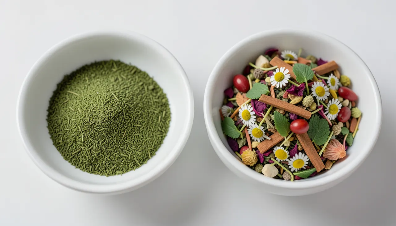 Volume thé vs volume tisane Comparatif visuel entre thé vert en vrac fin et tisane volumineuse aux morceaux de fruits et fleurs